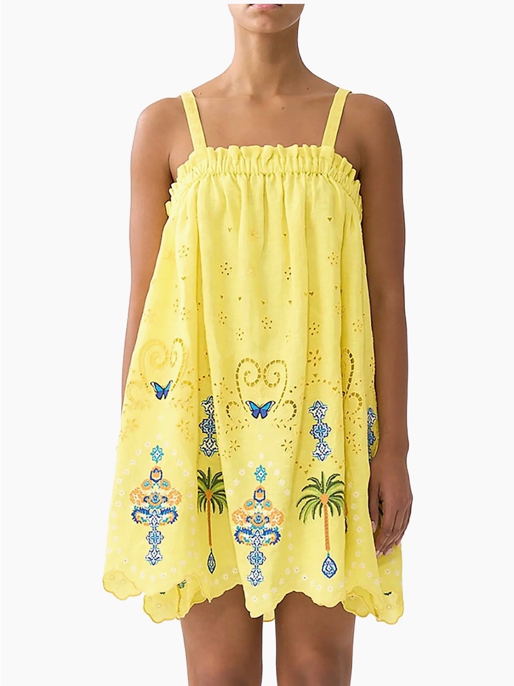 Camilla women’s Yellow Embroidered Sundress with Butterfly & Palm Motif